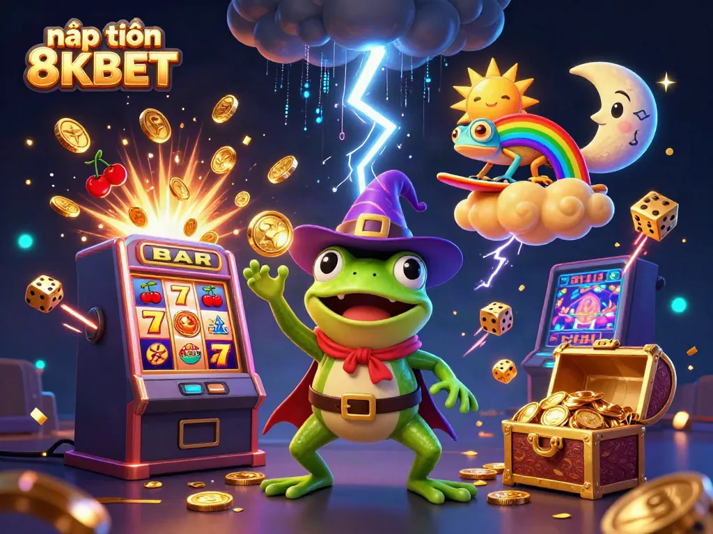 Experience the excitement of nạp tiền 8KBET as magic unfolds in a vibrant casino world full of gold coins and neon lights.