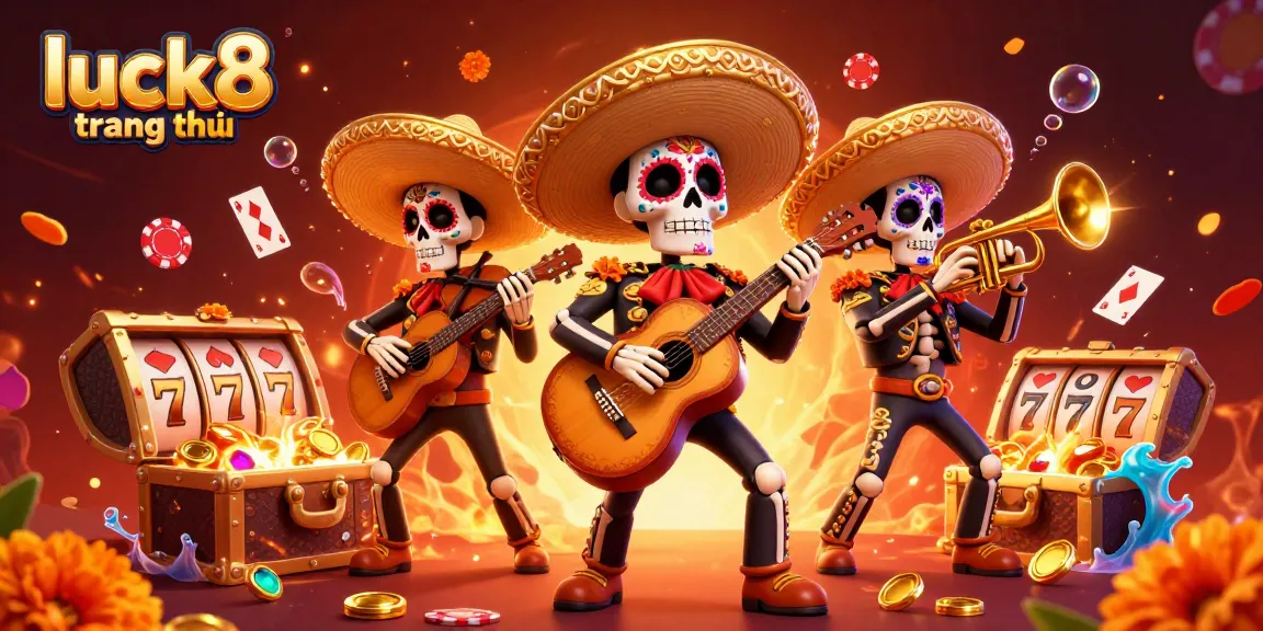 Experience excitement at luck8 trang chủ with a vibrant 3D illustration of a mariachi band amidst exciting casino elements.
