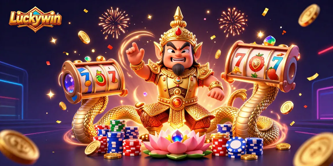 Engage with Luckywin's thrilling slot machine action featuring vibrant symbols and lively gold coins.
