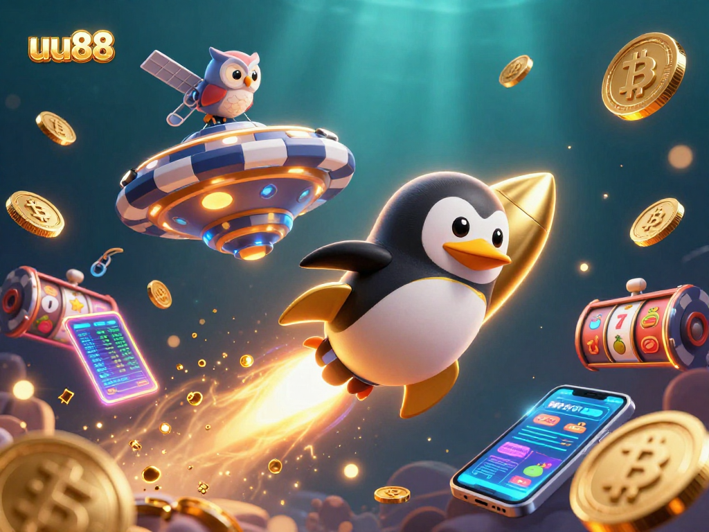 Experience the thrill of uu88 with vibrant slot symbols and crypto coins in a dynamic casino space scene.