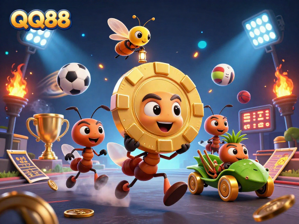 Experience thrilling gameplay with QQ88 featuring a team of ants stealing a giant poker chip in an action-packed 3D scene.