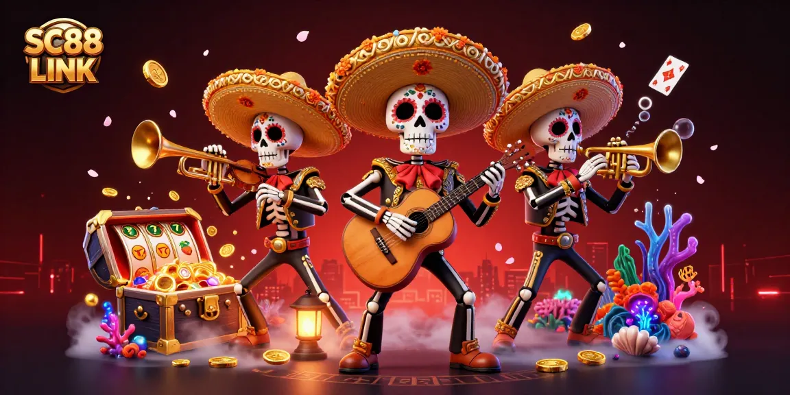 Engage with the vibrant SC88 LINK scene featuring animated skeleton mariachi band amidst exciting casino elements.