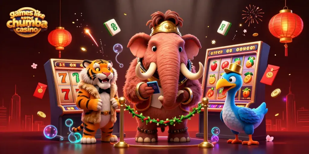 Experience the thrill of games like Chumba Casino with a vibrant 3D scene featuring majestic characters in a casino setting.