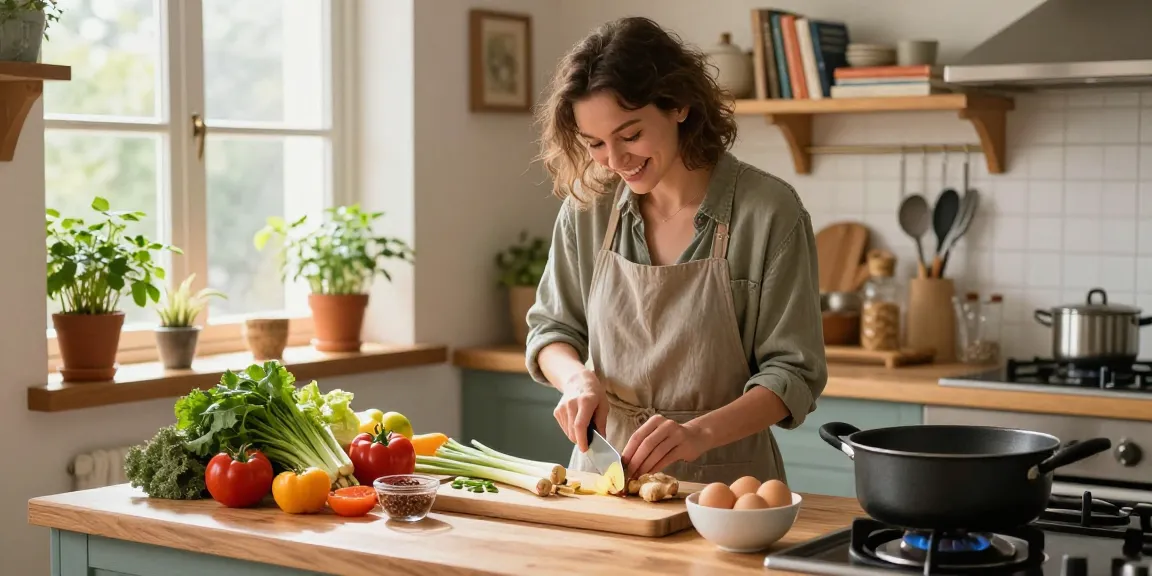 Fresh ingredients and a home cook preparing meals, emphasizing เว็บสล็อต แท้ 100 เปอร์เซ็นต์ for nutritious cooking and healthy eating.