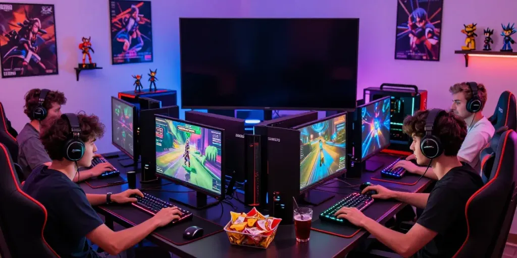 Suasana gaming seru dengan teman-teman bermain online di DEWITOTO, lengkap dengan perangkat gaming dan suasana meriah.