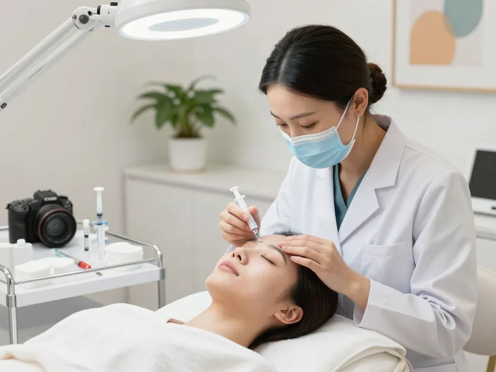 Augenringe entfernen: Dermatologe behandelt Patienten in moderner Klinik.