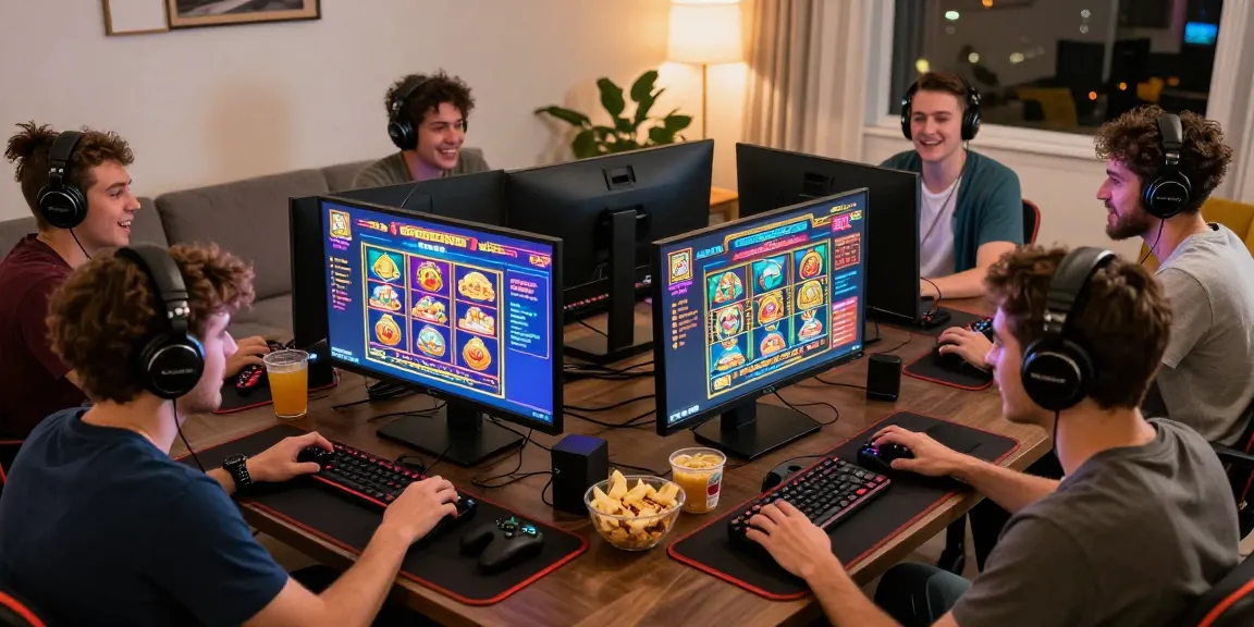 Playbook88 gaming session with friends enjoying high RTP slot games in a vibrant setup.