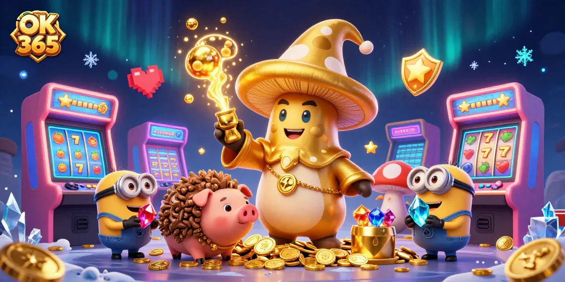Engage with OK 365’s vibrant illustration showcasing a magical casino adventure with treasures and gaming elements.