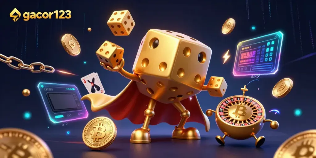 Engage with gacor123's thrilling gaming landscape featuring dynamic casino characters and crypto elements.