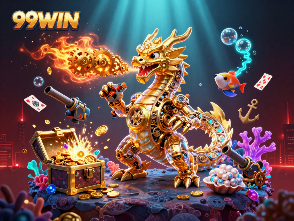 Join the excitement at 99WIN with a vibrant casino scene showcasing the magical golden dragon and playful game elements.