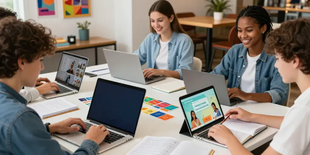 Students learning languages through interactive online courses in diverse environments, illustrating education flexibility.