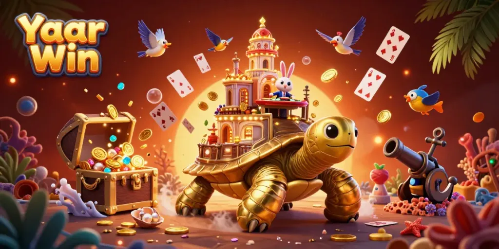 Experience the thrill of Yaar Win with a rabbit dealer and golden tortoise in a vibrant casino adventure.