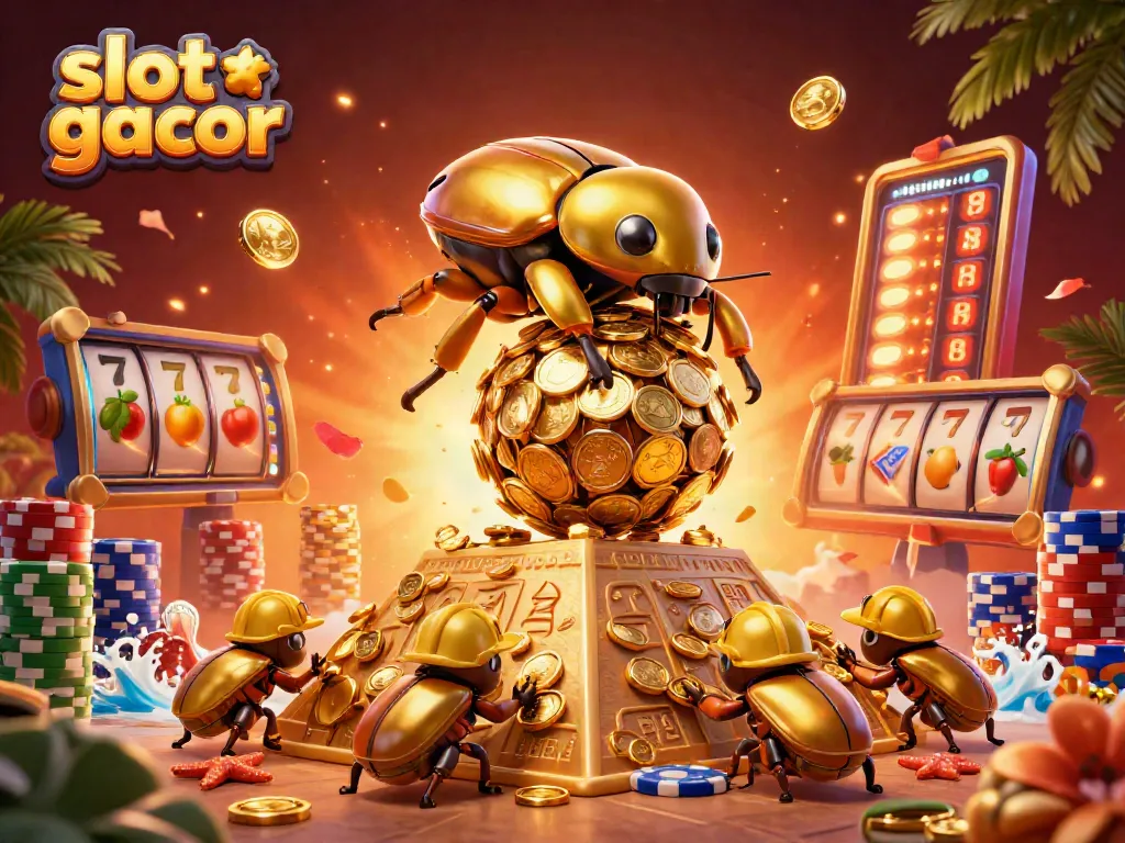 Permainan slot gacor dengan karakter kumbang emas dan simbol jackpot yang menarik.