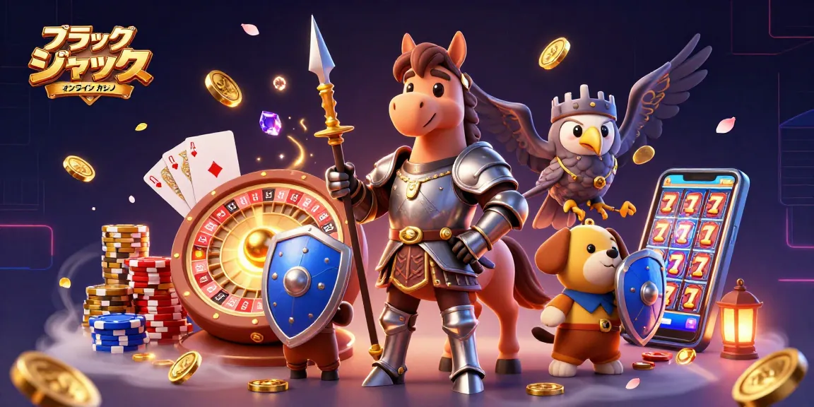 ブラックジャックオンラインカジノでプレイする騎士と幼犬がカジノの魅力を引き立てるイラスト