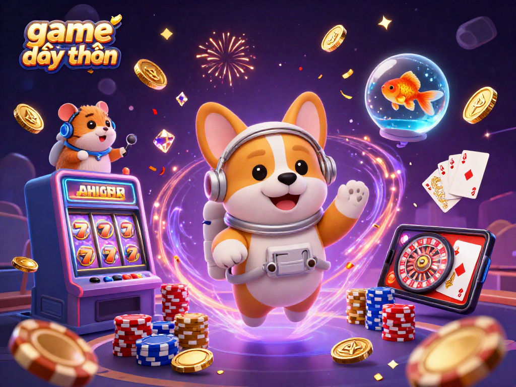 Experience the excitement of game đổi thưởng with a playful scene featuring an astronaut corgi and friends in a casino.