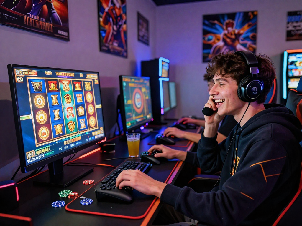 Exciting gaming scene with a player celebrating a slot jackpot win at a vibrant gaming setup.