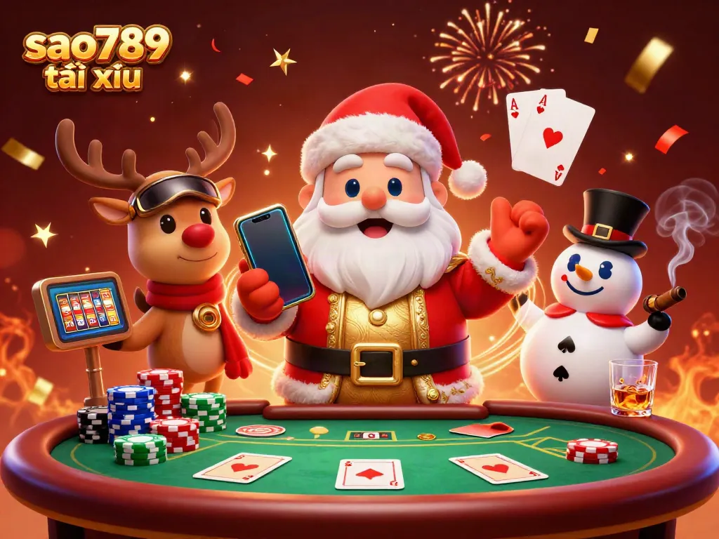 Experience the excitement of sao789 tài xỉu with festive characters celebrating at a dynamic casino scene.
