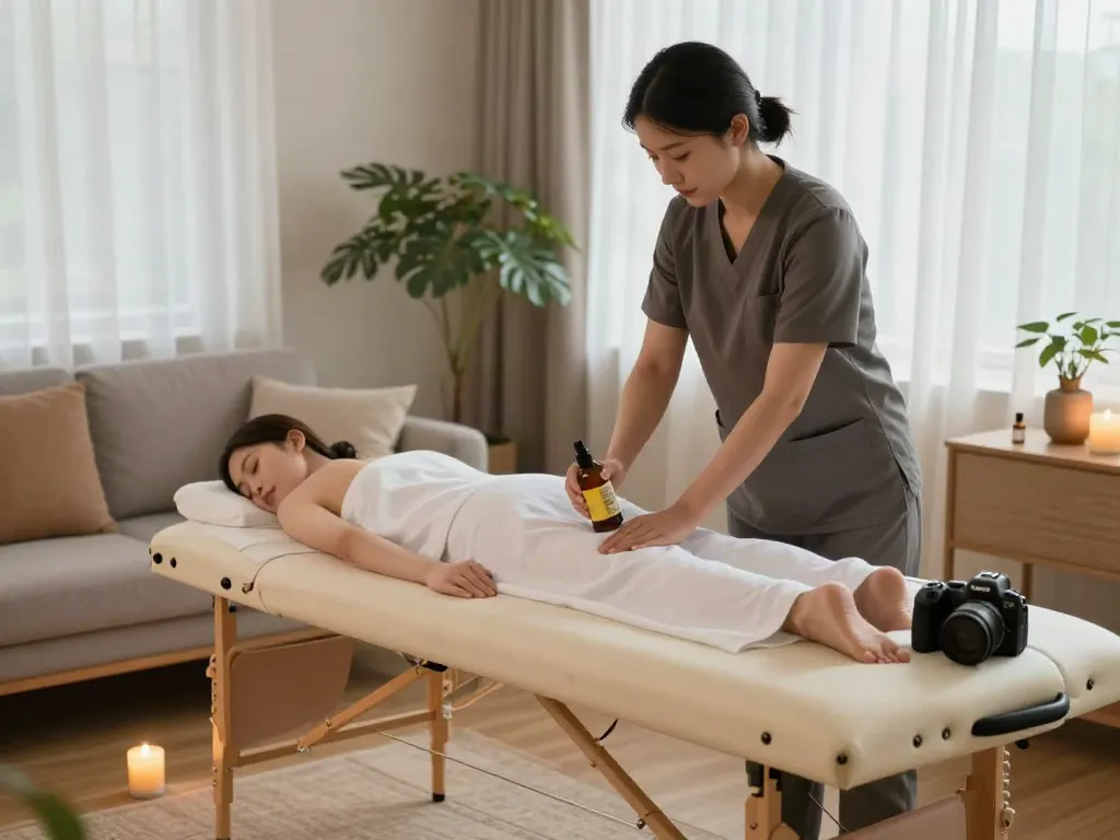 Experience a tranquil 출장마사지 session in a comforting home setting with soothing ambiance and essential oils.