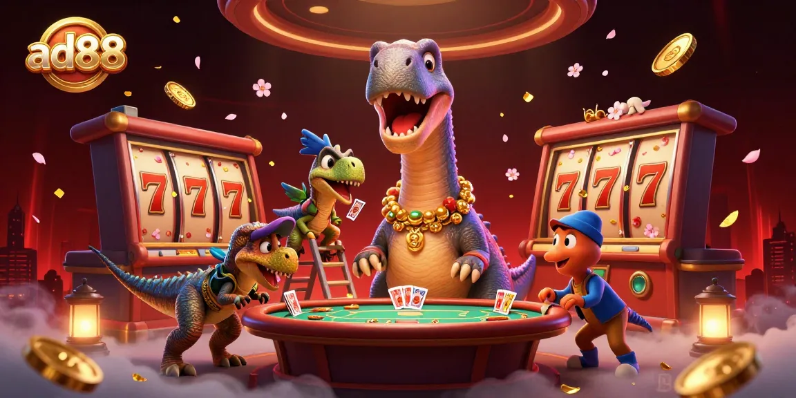 ad88 showcases a lively casino scene with a brontosaurus and clever raptor dealing cards at a poker table.