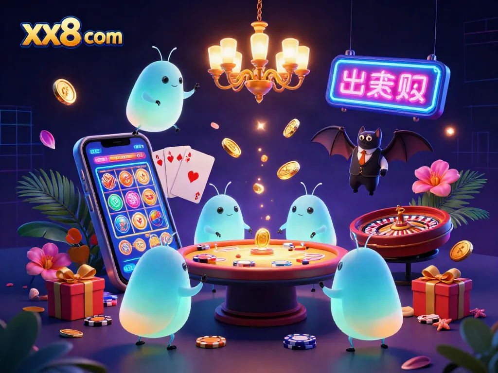 Experience excitement at xx8 com with colorful glowing characters illuminating a packed casino scene.
