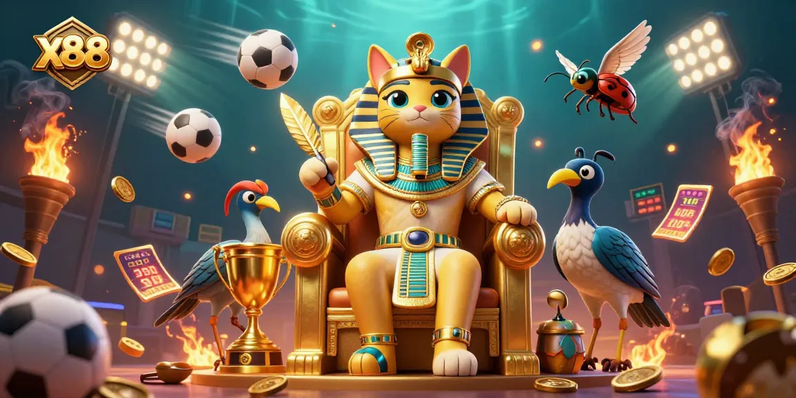 Win big with xx88 by immersing in this vibrant casino-themed 3D illustration of a pharaoh cat.