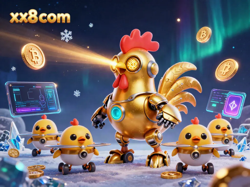 Experience thrilling moments at xx8 com, featuring our vibrant 3D casino illustration with a golden rooster robot and crypto coins.
