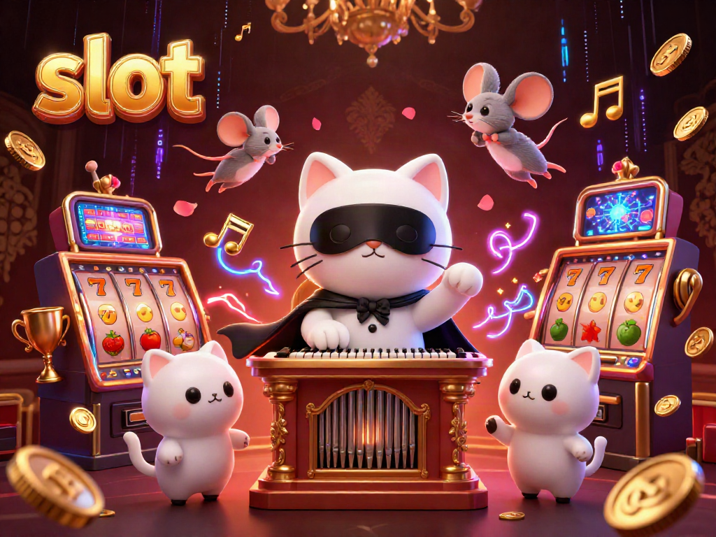 Experience the excitement of slot machines with a whimsical 3D casino scene featuring a masked cat and animated mouse acrobat.