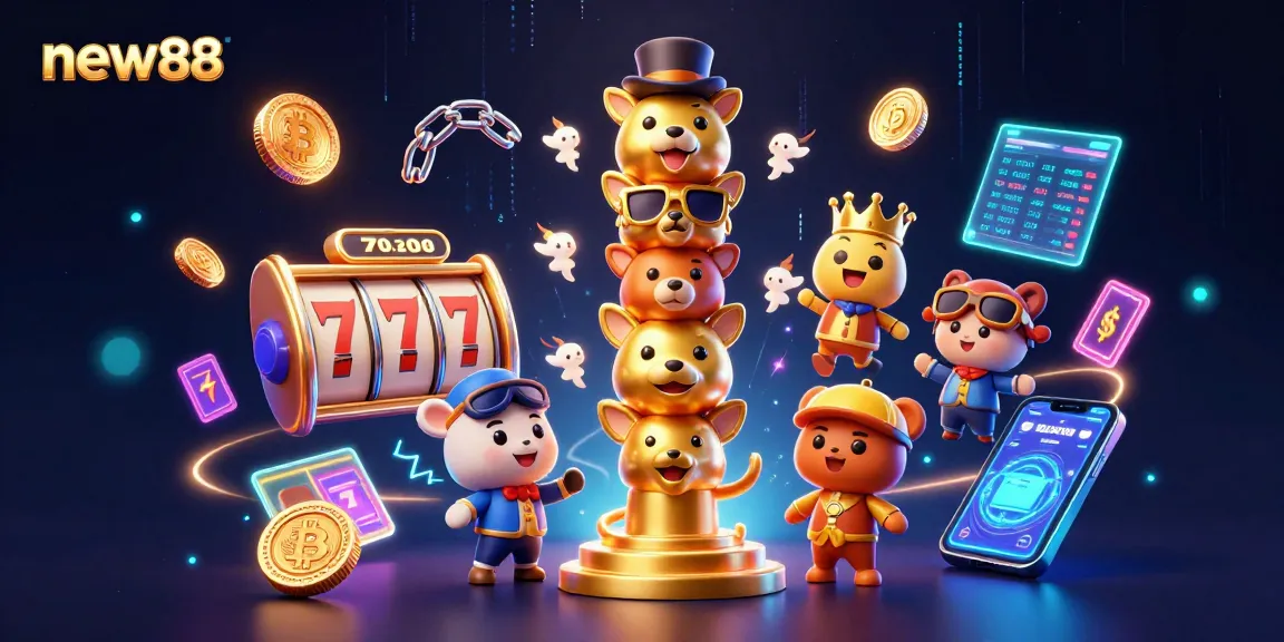 Win big with new88's exotic slots featuring colorful stacking totem pole and jackpot elements.