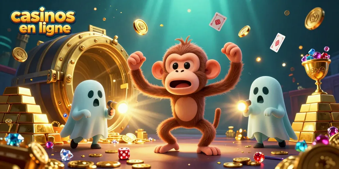 Illustration captivante de casinos en ligne avec un singe jonglant des objets dorés dans un casino hanté