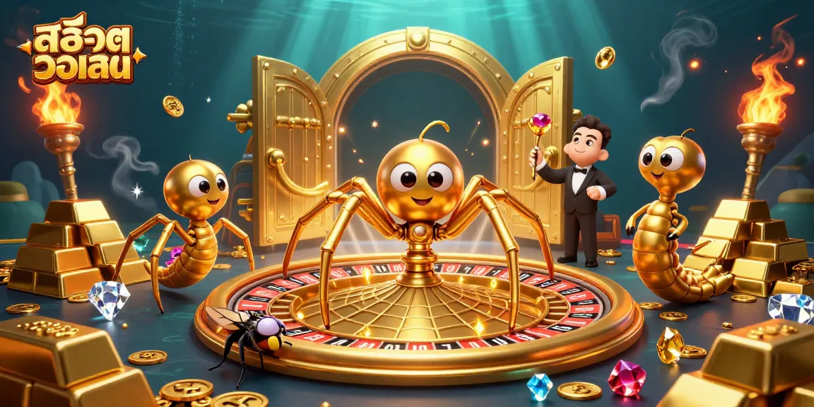 Engage in thrilling action with สล็อตวอเลท as a golden spider spins a roulette wheel web, encapsulating a rich casino scene.