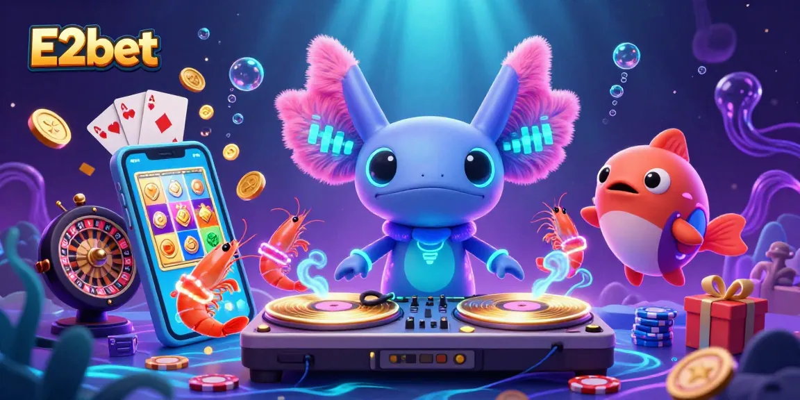 E2bet players enjoy exciting slot spins while a neon axolotl DJ entertains in a vibrant casino scene.