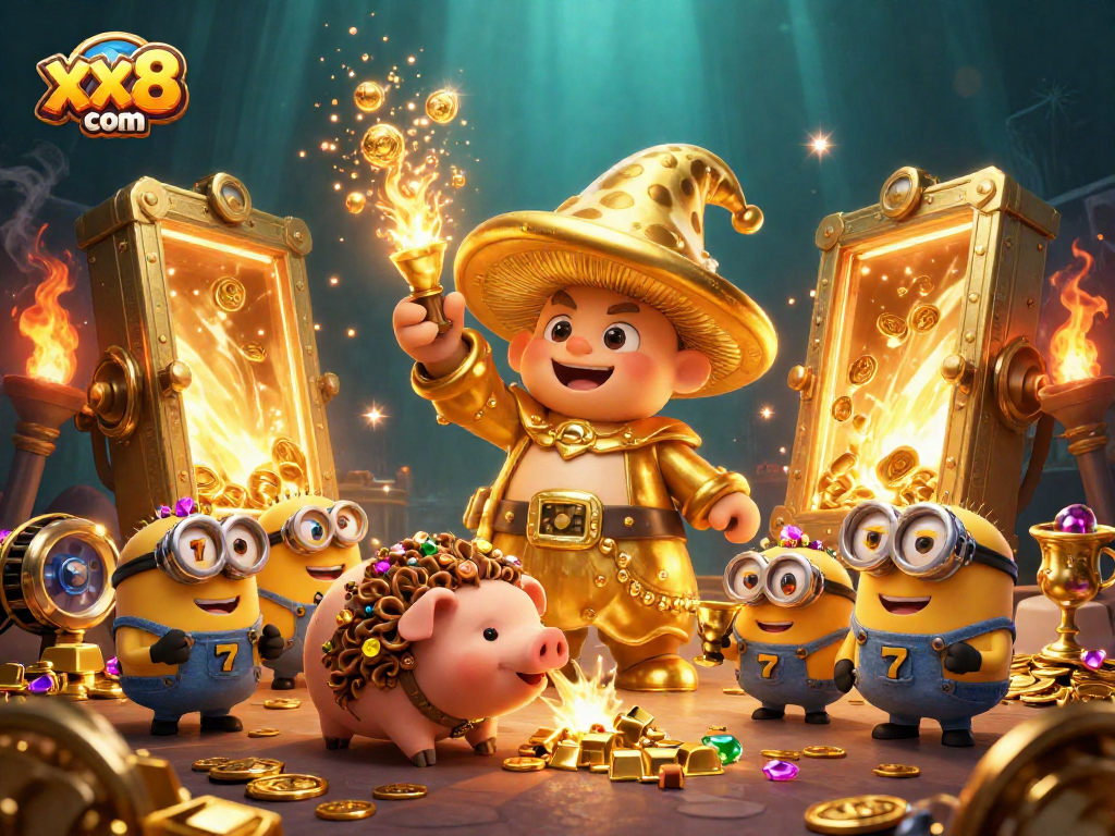 Spin and win on xx8 com with a magical golden theme featuring vibrant characters and treasures.