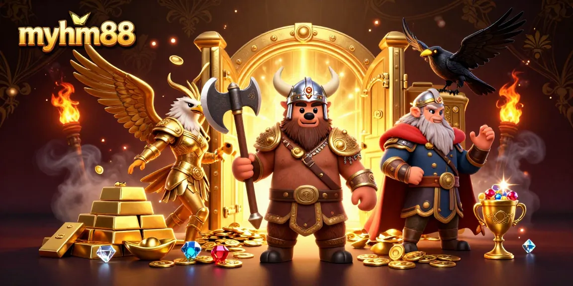 Experience the thrill of gaming with myhm88 in this vibrant 3D illustration of a Viking bear and Valkyrie eagle.
