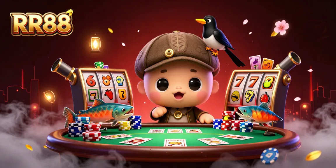 Engage with RR88, showcasing playful characters around a rich gambling experience featuring dynamic games and lively elements.