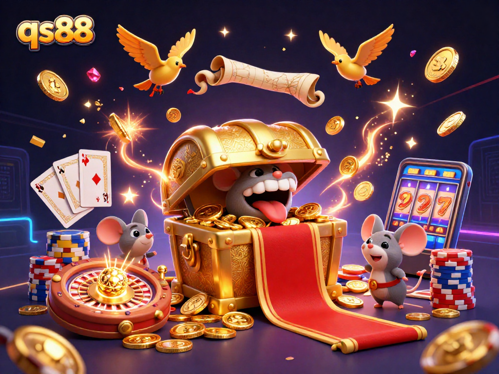 Engaging scene of qs88 showcasing fortune with golden treasure and festive casino elements.