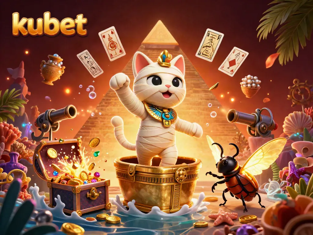 Experience the thrilling adventures at kubet with an Egyptian mummy cat, glowing scarab, and floating hieroglyph playing cards.