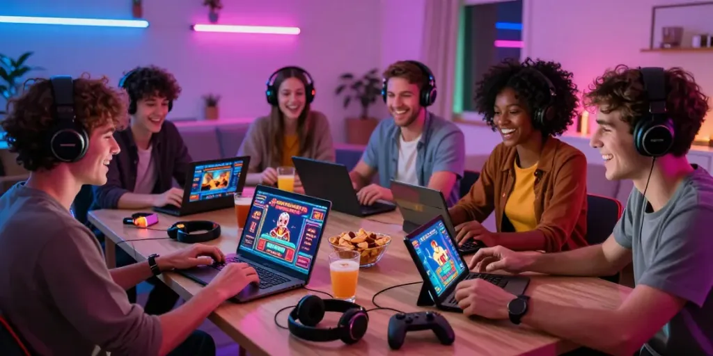 Friends enjoying casinos not on gamstop in a lively gaming setup.