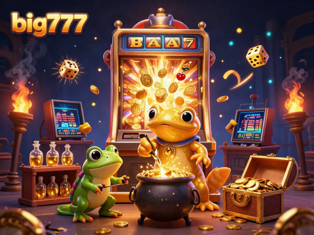 Experience the excitement of big777 with a golden alchemist turning base metals into gold amidst bursting jackpots and vibrant casino game elements.
