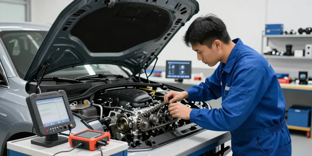 Professionelle BMW Werkstatt in Hannover mit Mechaniker, der den Motor inspiziert.