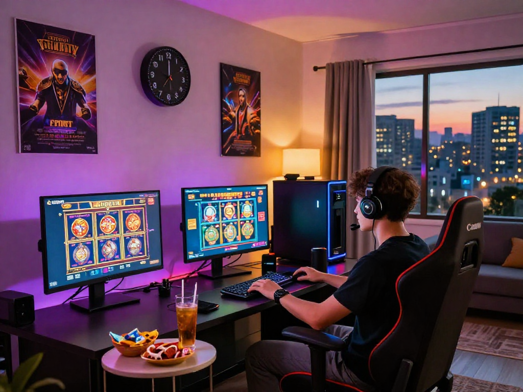 Exciting gaming session featuring slot online terpercaya on multiple screens in a vibrant living room.
