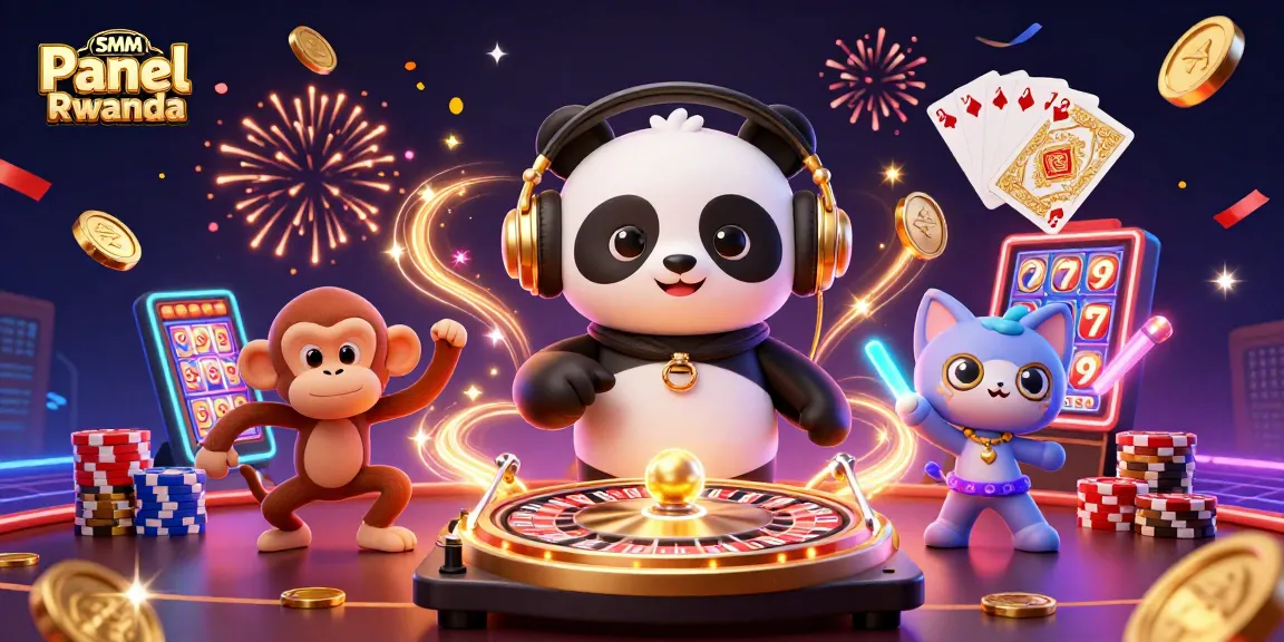 SMM Panel Rwanda: 3D illustration of a DJ panda spinning roulette wheels, surrounded by dynamic gambling elements.