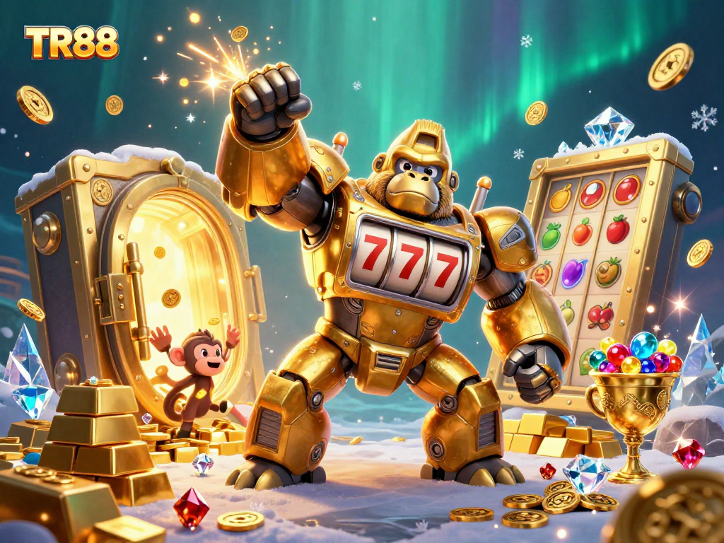 Experience thrills at TR88 with a dynamic scene showcasing a golden gorilla mech and treasure in a vibrant casino