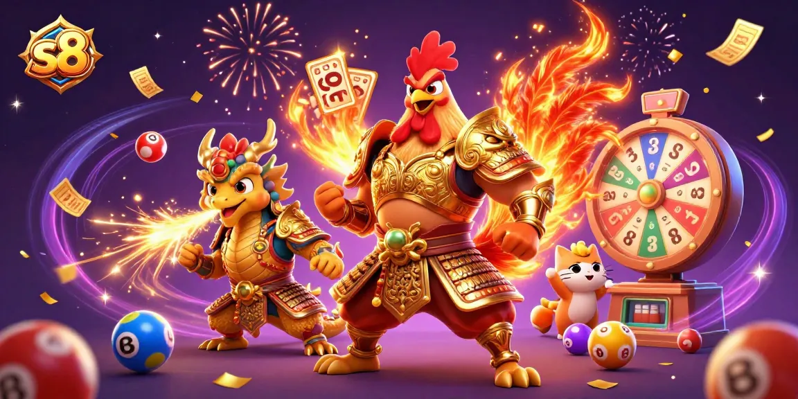 Experience the excitement of s8 with a vibrant 3D casino scene featuring fighting rooster and magical elements.
