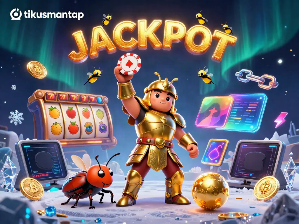 Celebrate your wins with tikusmantap, featuring a beetle in gladiator armor and slot game elements.
