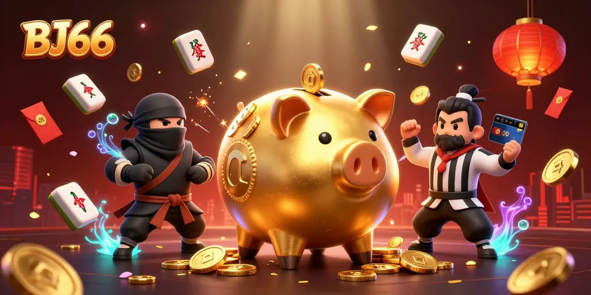 BJ66 showcases a dynamic scene with a golden piggy bank sumo wrestler celebrating wins in vibrant casino elements.
