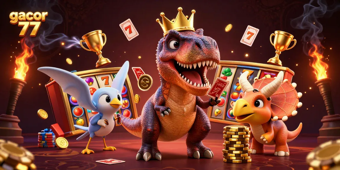 Gacor 77 menampilkan T-Rex lucu bermain kartu sambil dikelilingi simbol judi bertema slot yang mengasyikkan.