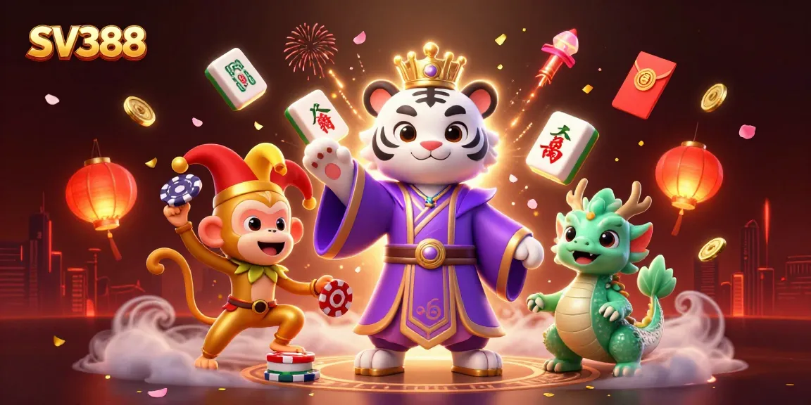 Bet on SV388 with an energetic illustration depicting a cartoon tiger, monkey, and dragon in a vibrant casino setting.
