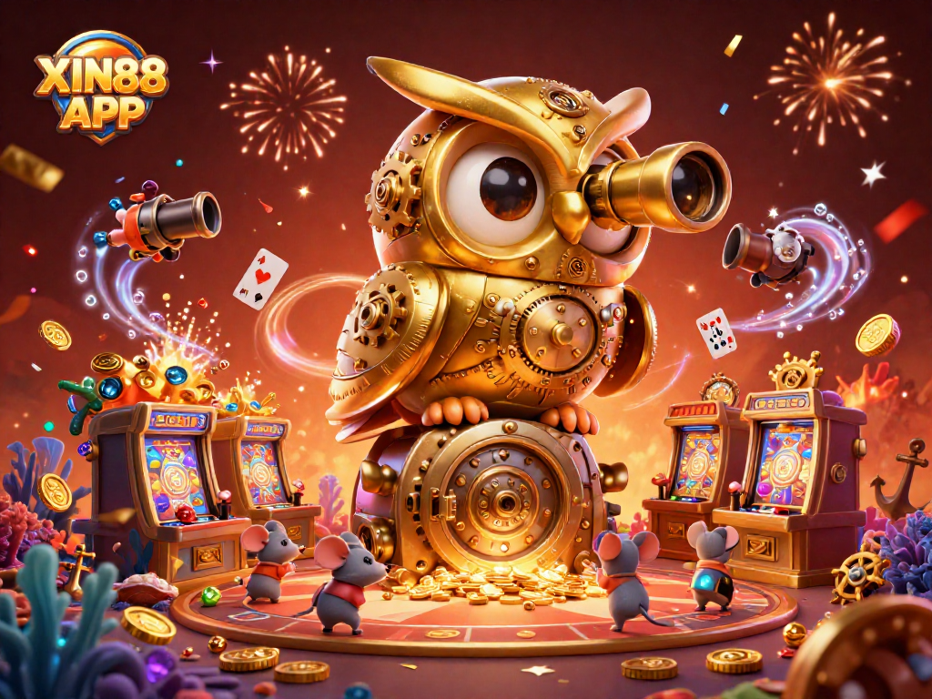 XIN88 APP showcases a vibrant 3D illustration of a golden owl scanning a lively casino scene.