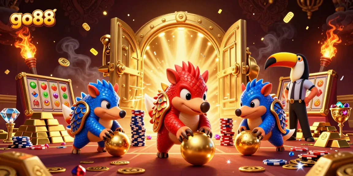 Engage in thrilling action with go88 as cartoon pangolins bowl through poker chips in a vibrant casino.