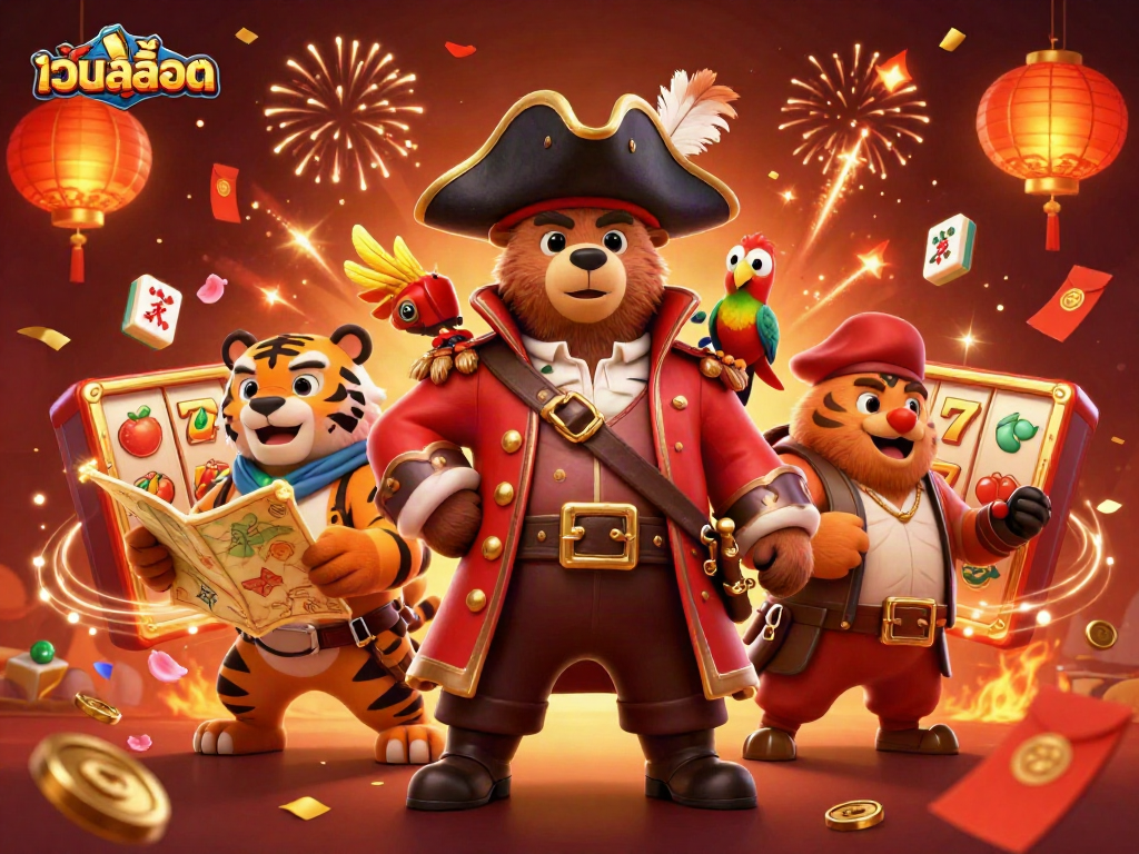Engage with เว็บสล็อต featuring vibrant characters and dynamic casino elements in a festive setting.